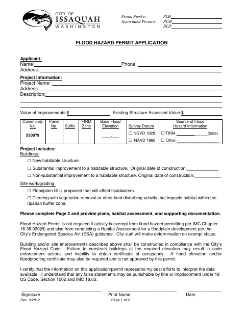 First page of the Flood Hazard Permit Application