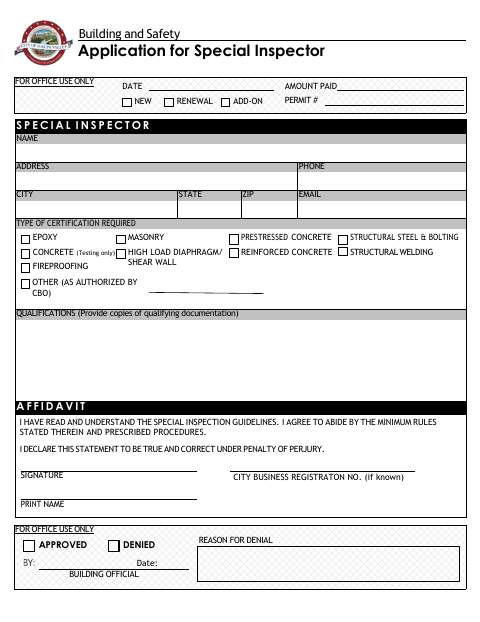 First page of the Application for Special Inspector