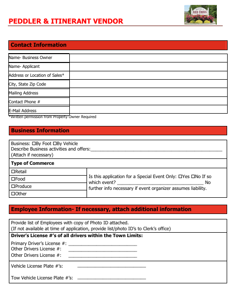 First page of the Peddler & Itinerant Vendor Application
