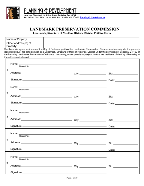 First page of the Landmark, Structure of Merit or Historic District Petition Form