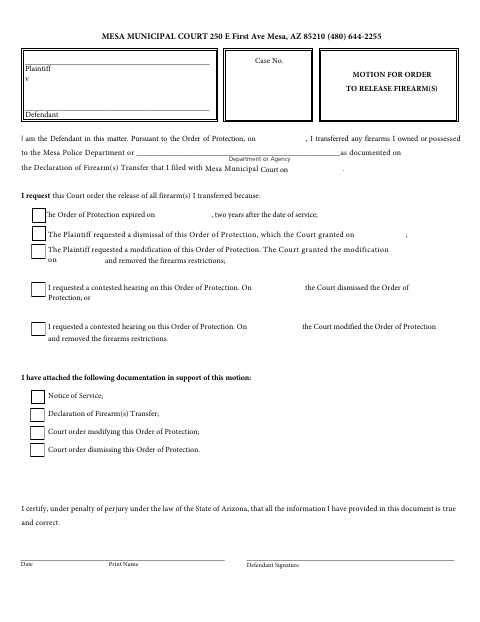 First page of the Motion for Order to Release Firearm(s)
