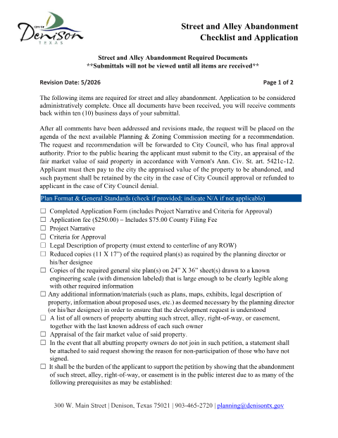 First page of the Street and Alley Abandonment Petition Packet