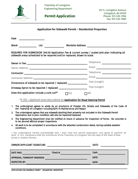 First page of the Application for Sidewalk Permit – Residential Properties