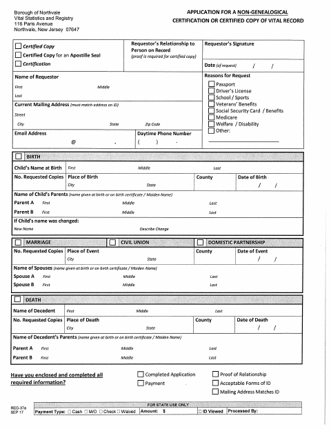 First page of the Non-Genealogical Vital Record Certification or Certified Copy Application