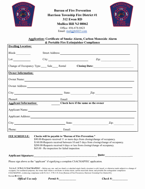 First page of the Resale Fire Inspection Application