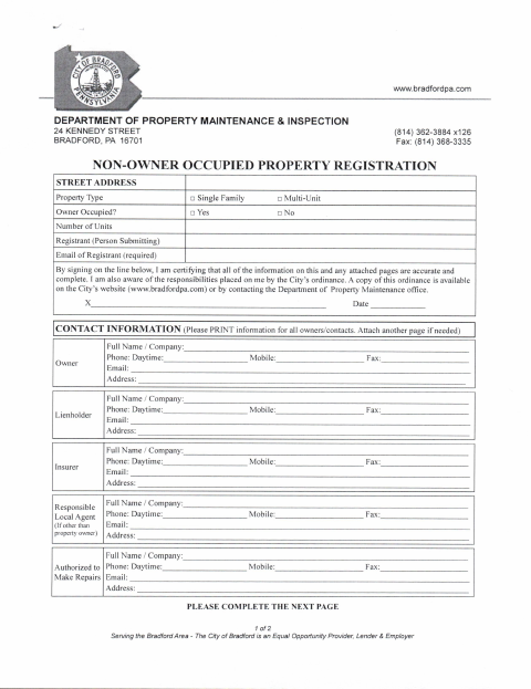 First page of the Non-Owner Occupied Property Registration Form