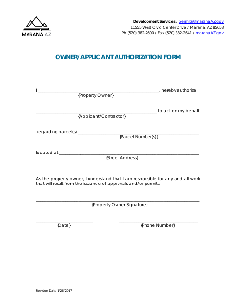 First page of the Owner/Applicant Authorization Form