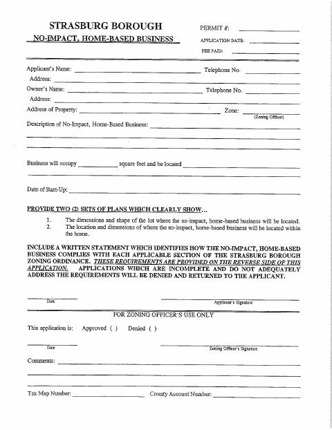 First page of the No-Impact, Home-Based Business Application