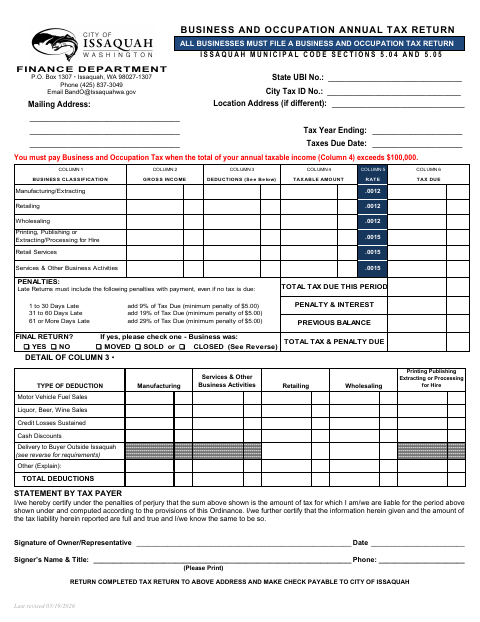 First page of the Business and Occupation Annual Tax Return