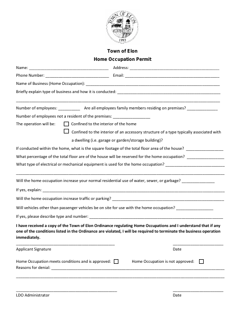 First page of the Home Occupation Permit