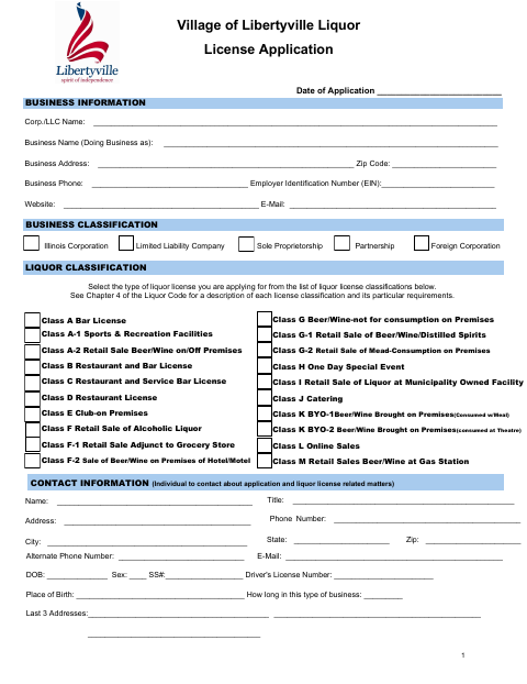 First page of the Liquor License Application