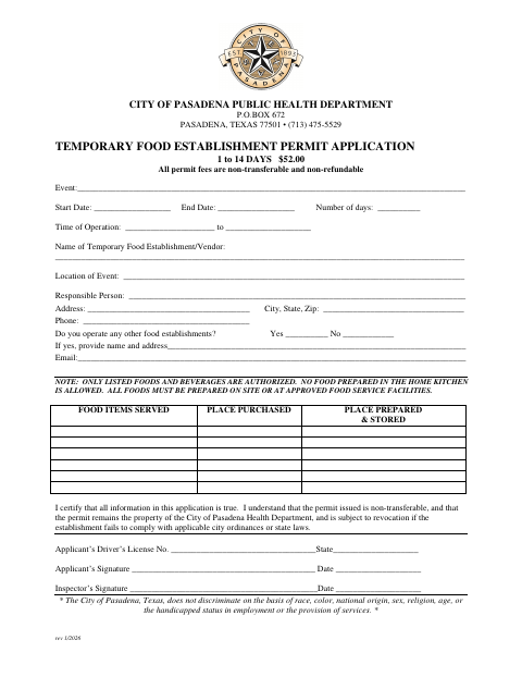 First page of the Temporary Food Establishment Permit Application