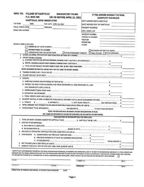 First page of the 2020 Individual and Business Income Tax Form