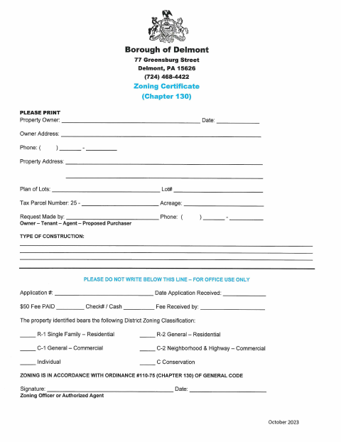 First page of the Zoning Certificate Application