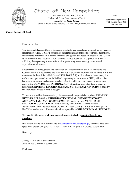 First page of the Criminal Record Release Authorization Form