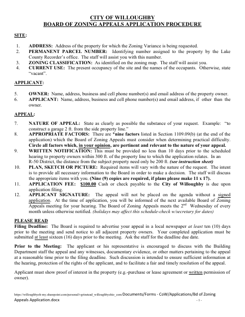 First page of the Board of Zoning Appeals Application