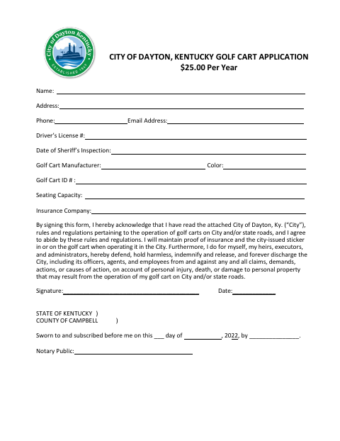 First page of the Golf Cart Application