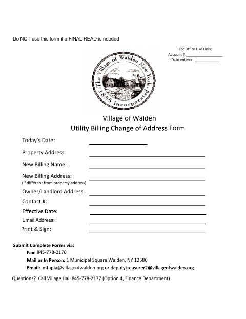 First page of the Utility Account Change Form