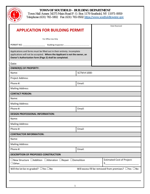 First page of the Building Permit Application