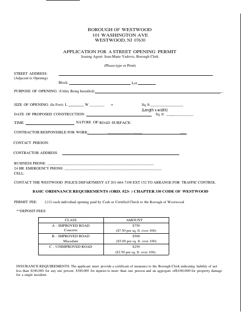 First page of the Application for a Street Opening Permit