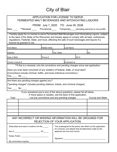 First page of the Bartender License Application