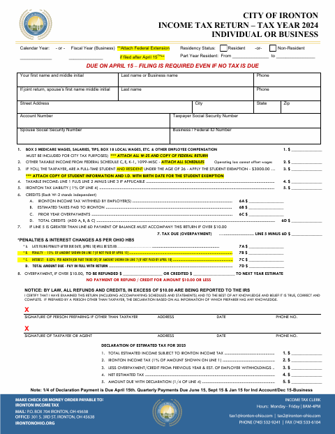 First page of the Income Tax Return – Tax Year 2024 Individual or Business