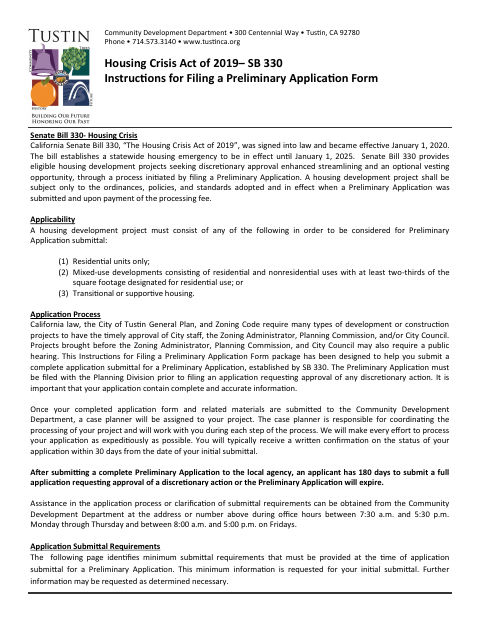 First page of the SB 330 Preliminary Checklist and Application