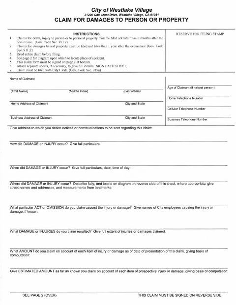 First page of the Claim for Damages to Person or Property