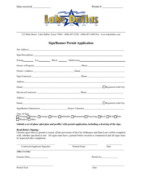 First page of the Sign/Banner Permit Application
