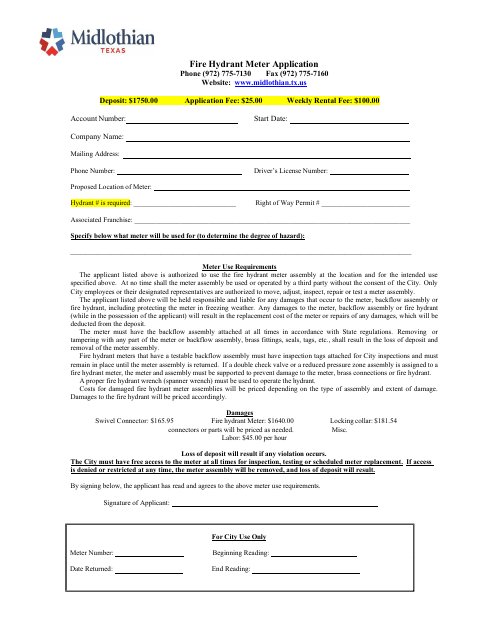 First page of the Fire Hydrant Meter Application