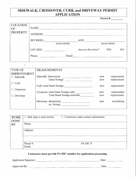 First page of the Sidewalk, Crossover, Curb, and Driveway Permit Application