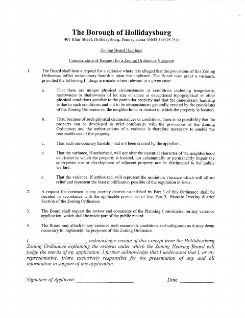 First page of the Consideration of Request for a Zoning Ordinance Variance