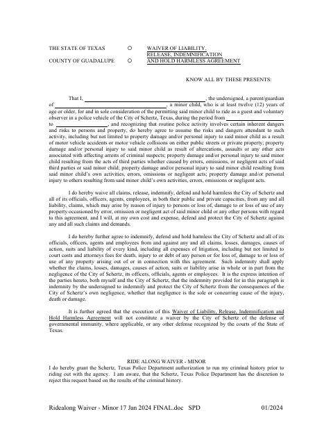 First page of the Ride Along Waiver – Minor