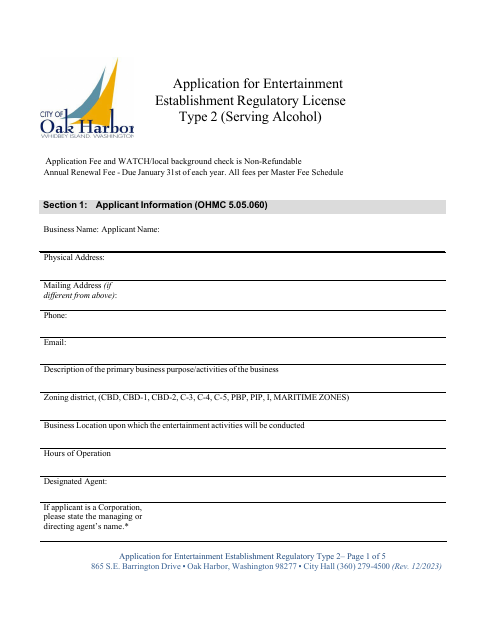 First page of the Entertainment Establishment Regulatory License Type 2 Application