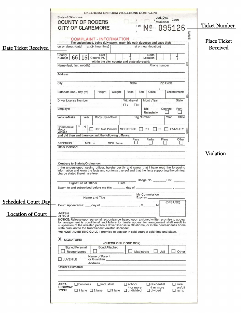 First page of the Uniform Violations Complaint Ticket