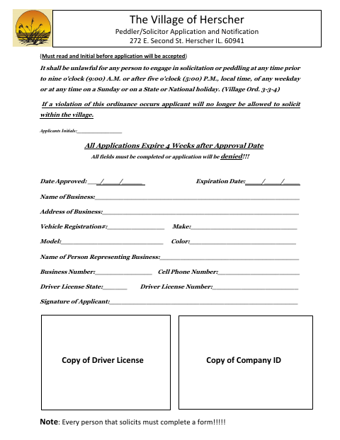 First page of the Peddler/Solicitor Application and Notification