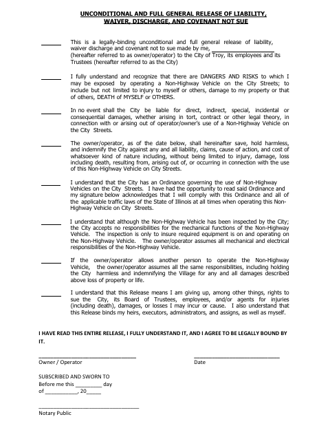 First page of the Non-Highway Vehicle Liability Waiver