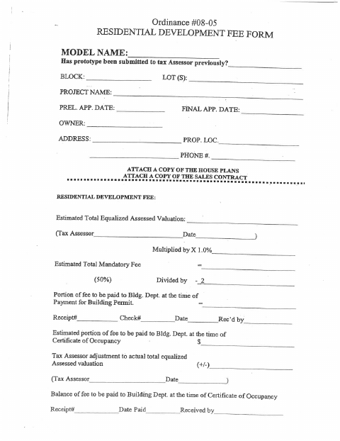 First page of the Residential Development Fee Form