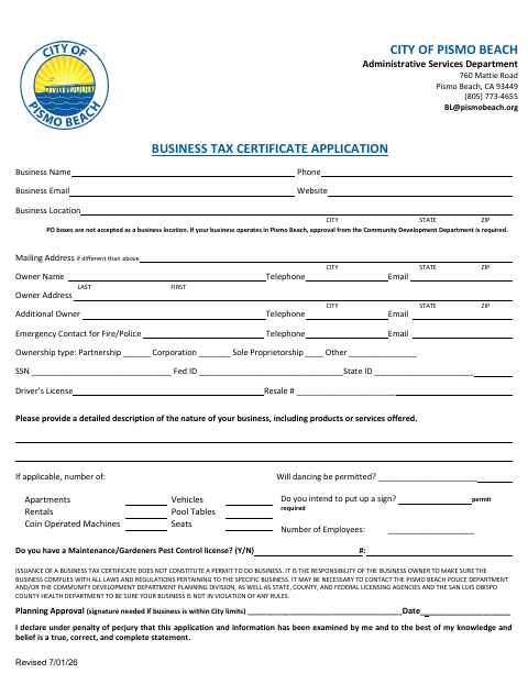 First page of the Business Tax Certificate Application