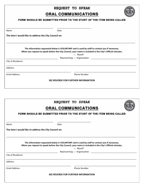 First page of the Request to Speak Oral Communications Form