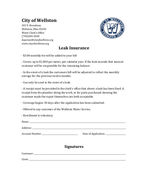 First page of the Leak Insurance Application