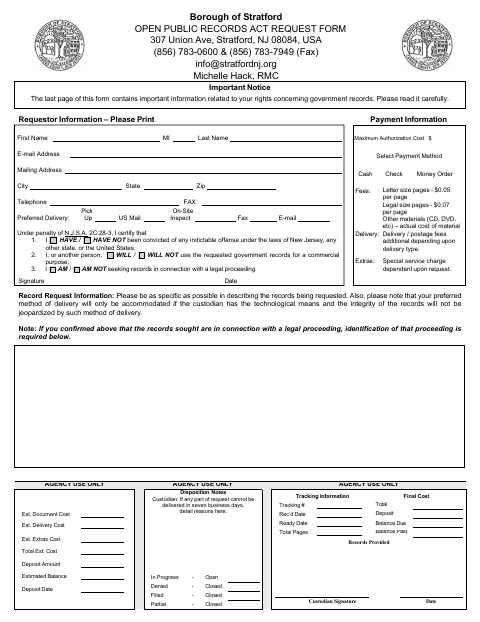 First page of the Open Public Records Act Request Form