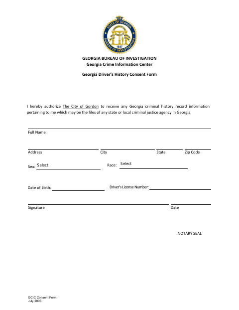 First page of the Driver's History Consent Form