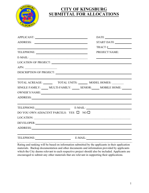 First page of the Submittal for Allocations