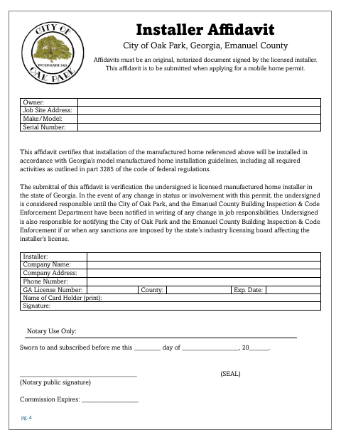 First page of the Installer Affidavit