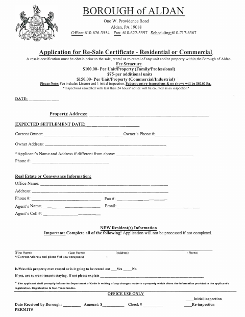First page of the Application for Re-Sale Certificate – Residential or Commercial