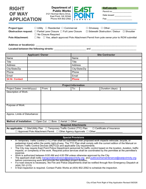 First page of the Right of Way Application