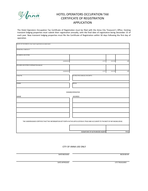 First page of the Hotel Operators Occupation Tax Certificate of Registration Application