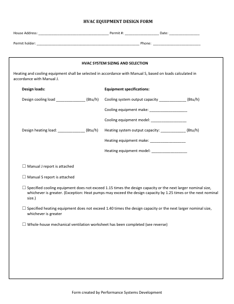 First page of the HVAC Equipment Design Form