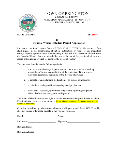 First page of the Disposal Works Installer’s Permit Application
